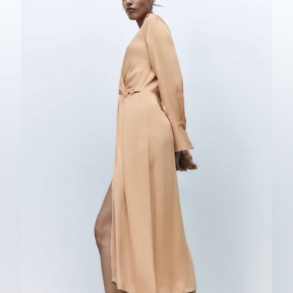 Zara Tan Sheath Dress with Tie Front and Slit - Picture 3 of 6